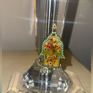 Michal Negrin Handmade Swarovski Crystal Hamsa Pendant Necklace & Long Chain